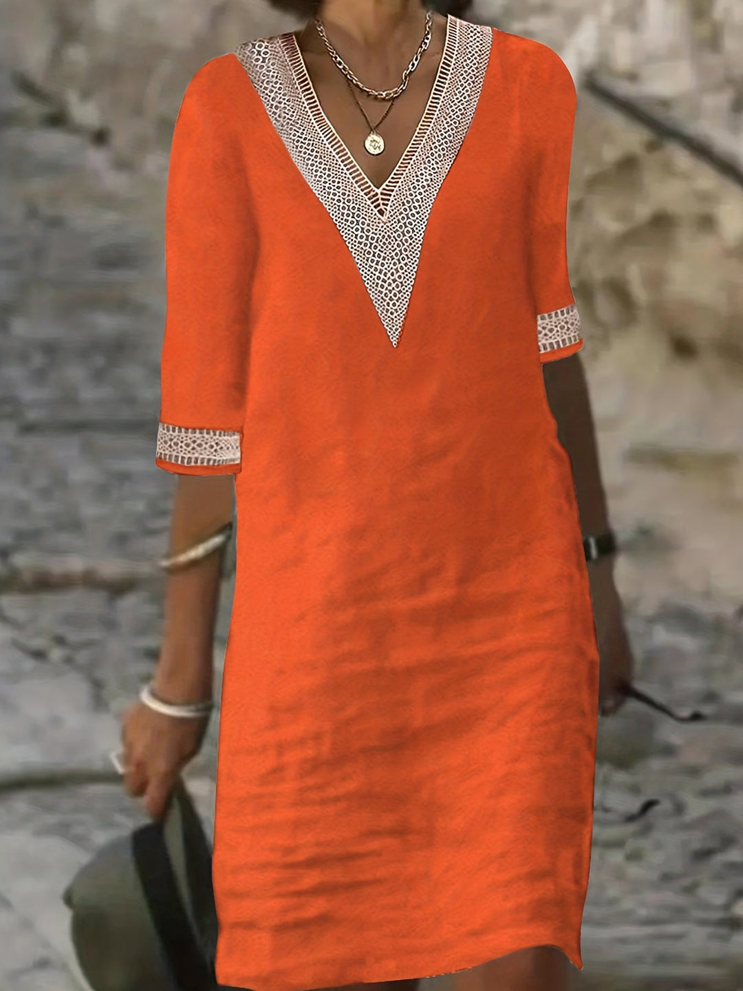 Wendy-V-Neck Lace Half-Sleeve Dress