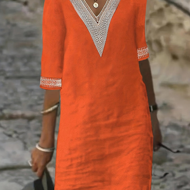 Wendy-V-Neck Lace Half-Sleeve Dress