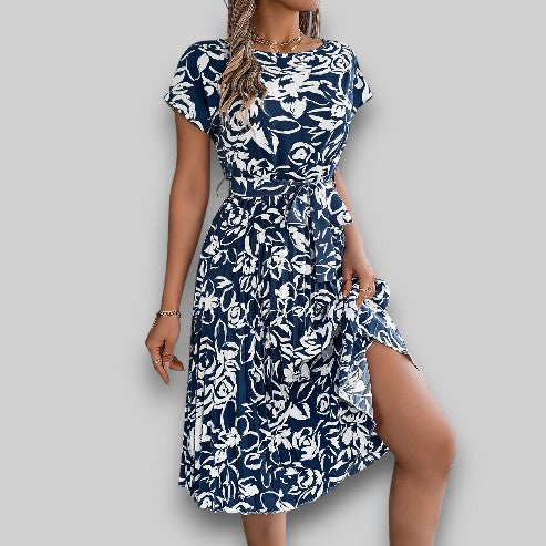 Monica | Elegant Floral Dress with Waist Belt
